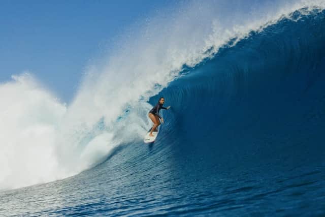 Tahitian surfer Vahine Fierro surfing at Teahupo'o, Tahiti, where she will represent France in the Olympics next week. PIC: Manea Fabisch / BBC ALBA