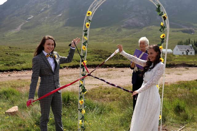 Teri Lou-Fox, 23, wed wife Sammy Fox, 25, with an outdoor humanist ceremony at the foot of Buchaille Etive Mor, Glen Coe, Highlands.