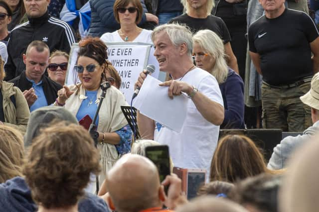 Paddy Hogg addresses the Saving Scotland rally outside the Scottish Parliament. Picture: Lisa Ferguson