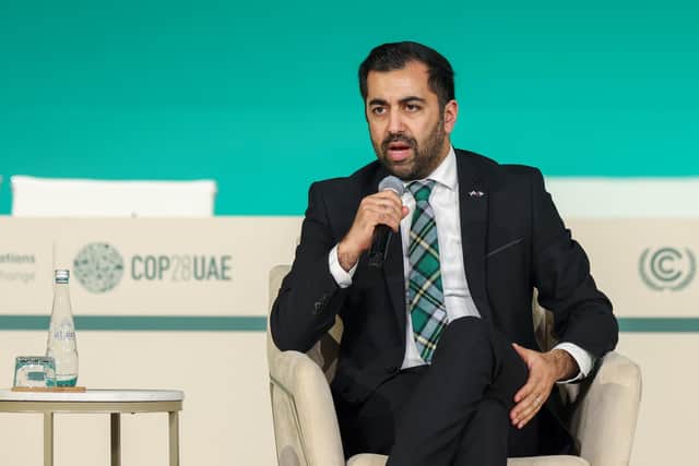 Humza Yousaf speaks on stage at the Sustainable Trade Summit during the COP28 climate change summit in Dubai (Picture: Christopher Pike/COP28 via Getty Images)