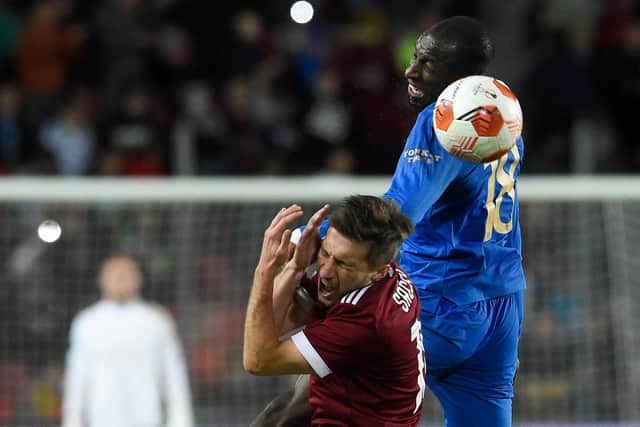 Glen Kamara clashes with Sparta Prague's Michal Sacek in the incident which saw the Rangers midfielder receive a second yellow card in his team's 1-0 defeat at the Letna Stadium. (Photo by Michal Cizek/AFP via Getty Images)