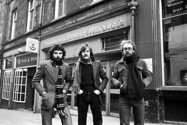 The three directors of The Great Western Trading Company outside Cockburn Street Market in Edinburgh in January 1978. L-R: Fraser Mackay, Alan Wilson, Richard Thomson.