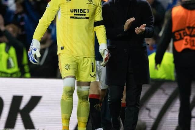Rangers' Allan McGregor and manager Giovanni van Bronckhorst at full time after the UEFA Europa League Semi-Final match between Rangers and RB Leipzig at Ibrox Stadium, on May 05, 2022, in Glasgow, Scotland. (Photo by Craig Williamson / SNS Group)