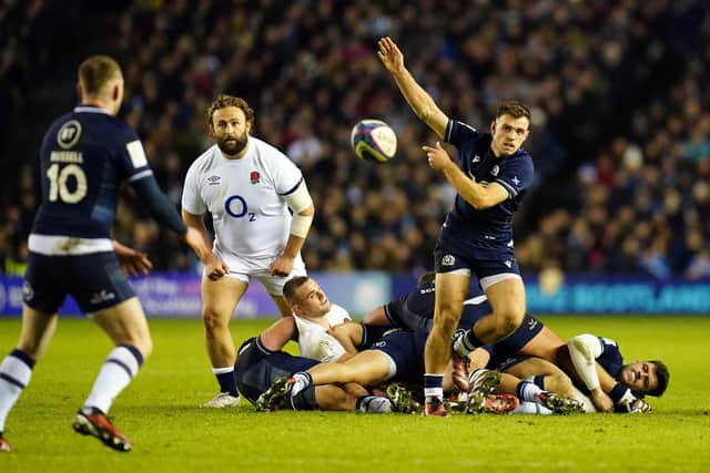 Scotland's Ben White, outstanding in the Guinness Six Nations over England, passes to Finn Russell.  (Picture: Jane Barlow/PA Images)