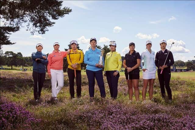 Defending champion Ashleigh Buhai, centre, with Jiyai Shin, Steph Kyriacou, Atthaya Thitikul, Kokona Sakuri, Lauren Coughlin, Linn Grant and Yu Liu at a photo shoot at Walton Heath for this week's AIG Women’s Open. Picture: The R&A.