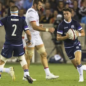 Adam Hasting in action for Scotland against USA in Houston in 2018, a match the Americans won 30-29. Hastings starts at 10 against the US on Friday.  (SNS Group/SRU Gary Hutchison)