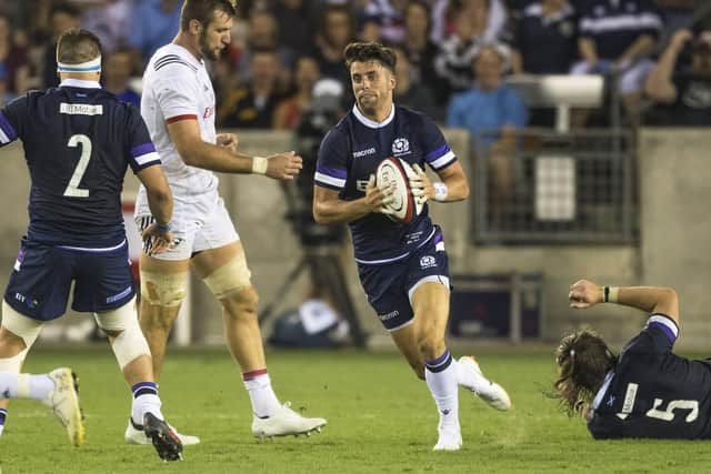 Adam Hasting in action for Scotland against USA in Houston in 2018, a match the Americans won 30-29. Hastings starts at 10 against the US on Friday.  (SNS Group/SRU Gary Hutchison)