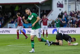 ARBROATH, SCOTLAND - AUGUST 04: Dundee United's Louis Moult celebrates after making it 4-0 against Arbroath.