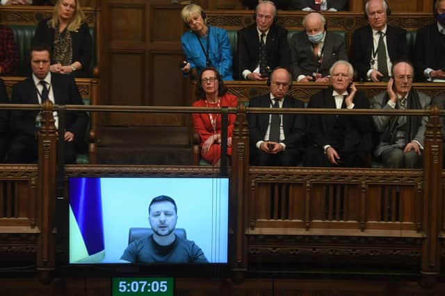 Ukrainian President Volodymyr Zelensky addresses MPs in the House of Commons via videolink