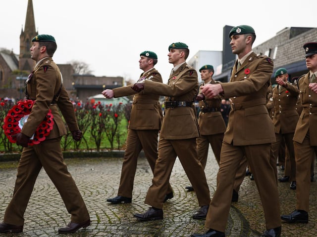 Veterans and serving members of the armed forces gather to commemorate and pay respect to the sacrifice of service men and women who fought in the two World Wars and subsequent conflicts on November 10, 2024 in Fort William