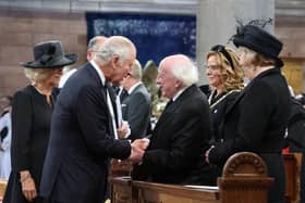 King Charles III and Camilla, the Queen Consort, greet President Michael D Higgins (centre right) as they attend a Service of Reflection at St Anne's Cathedral in Belfast. Picture: Liam McBurney - WPA Pool/Getty Images