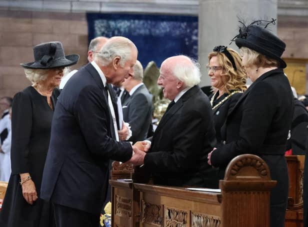 King Charles III and Camilla, the Queen Consort, greet President Michael D Higgins (centre right) as they attend a Service of Reflection at St Anne's Cathedral in Belfast. Picture: Liam McBurney - WPA Pool/Getty Images
