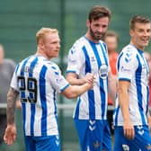 Jason Naismith (centre) celebrates his goal against East Kilbride with Kilmarnock team-mates Chris Burke (left) and Brad Lyons (right). (Photo by Mark Scates / SNS Group)