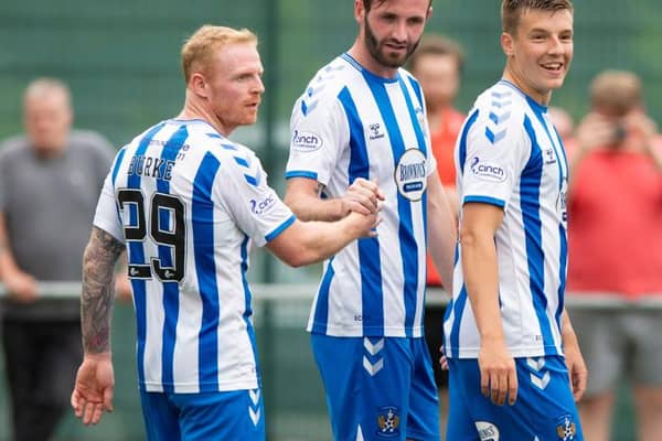 Jason Naismith (centre) celebrates his goal against East Kilbride with Kilmarnock team-mates Chris Burke (left) and Brad Lyons (right). (Photo by Mark Scates / SNS Group)