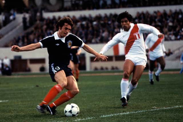 Joe Jordan puts Scotland ahead against Peru in 1978. Picture: SNS