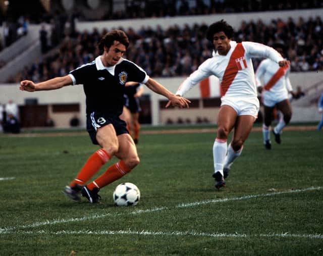 Joe Jordan puts Scotland ahead against Peru in 1978. Picture: SNS