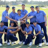 Francesco Molinari celebrates with his Continent of Europe team after their win in the inaugural Hero Cup at Abu Dhabi Golf Club. Picture: David Cannon/Getty Images.