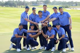 Francesco Molinari celebrates with his Continent of Europe team after their win in the inaugural Hero Cup at Abu Dhabi Golf Club. Picture: David Cannon/Getty Images.