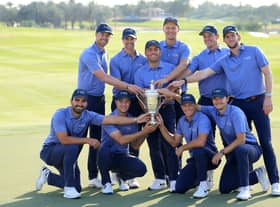 Francesco Molinari celebrates with his Continent of Europe team after their win in the inaugural Hero Cup at Abu Dhabi Golf Club. Picture: David Cannon/Getty Images.