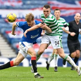 Rangers' Filip Helander (left) tussles with Celtic's David Turnbull during a Scottish Cup tie between Rangers and Celtic at Ibrox Stadium, on April 18, 2021, in Glasgow, Scotland. (Photo by Rob Casey / SNS Group)