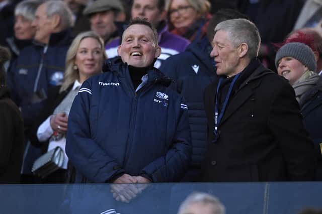 Former Scotland players Doddie Weir, who has MND, and John Jeffrey, right, share a joke at Murrayfield in 2020 (Picture: Stu Forster/Getty Images)