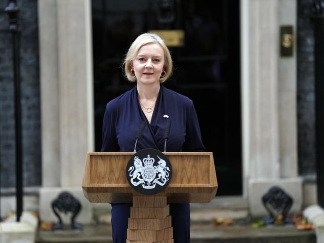 Prime Minister Liz Truss making a statement outside 10 Downing Street, London, where she announced her resignation as Prime Minister.