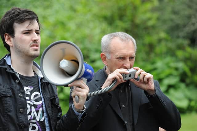 Student demonstration against cuts at Strathclyde University ends in 2 arrests by Police. Brian Simpson and James Kelman.  Picture Robert Perry The Scotsman 2nd June