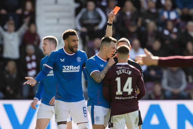Hearts' Cammy Devlin is shown a straight red card during the Premiership match between Hearts and Rangers at Tynecastle. Photo by Alan Harvey / SNS Group