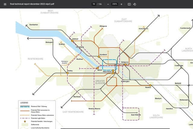 Potential new Clyde Metro lines are shown as dotted purple and orange, with those which could be converted from rail lines in solid orange. Picture: Transport Scotland