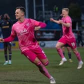 Hearts' Lawrence Shankland celebrates as he scores from the penalty spot to make it 2-2 against Dundee. (Photo by Sammy Turner / SNS Group)