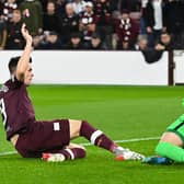 Hearts' Lawrence Shankland puts Hearts 1-0 against RFS at Tynecastle.