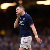 Finn Russell of Scotland leaves the field after he receives a yellow card for a knock on during the Guinness Six Nations match between Wales and Scotland at Principality Stadium on February 12, 2022 in Cardiff, Wales. (Photo by Stu Forster/Getty Images)
