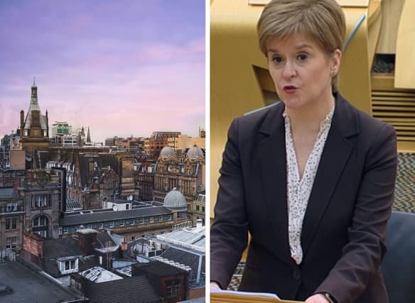 Nicola Sturgeon made the lockdown announcement in Scottish Parliament today. Left: Glasgow (Getty)