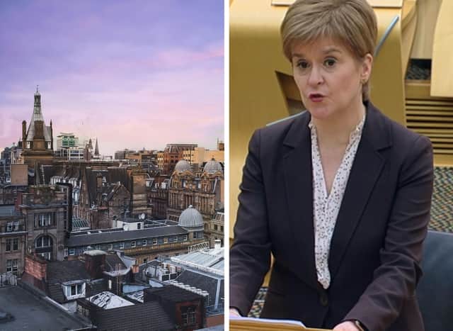 Nicola Sturgeon made the lockdown announcement in Scottish Parliament today. Left: Glasgow (Getty)