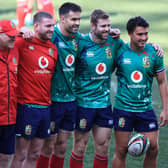 Finn Russell, centre, lines up with Owen Farrell, Dan Biggar, Lions kicking coach Neil Jenkins, Conor Murray, Elliot Daly and Marcus Smith during the Lions captain's run at Cape Town Stadium. Picture: David Rogers/Getty Images