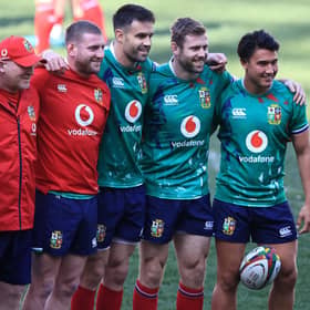 Finn Russell, centre, lines up with Owen Farrell, Dan Biggar, Lions kicking coach Neil Jenkins, Conor Murray, Elliot Daly and Marcus Smith during the Lions captain's run at Cape Town Stadium. Picture: David Rogers/Getty Images