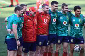 Finn Russell, centre, lines up with Owen Farrell, Dan Biggar, Lions kicking coach Neil Jenkins, Conor Murray, Elliot Daly and Marcus Smith during the Lions captain's run at Cape Town Stadium. Picture: David Rogers/Getty Images