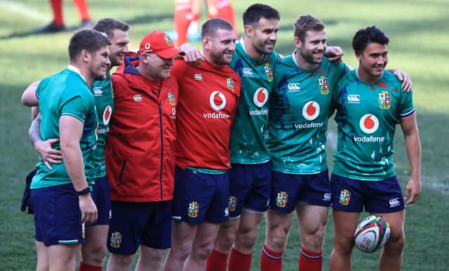 Finn Russell, centre, lines up with Owen Farrell, Dan Biggar, Lions kicking coach Neil Jenkins, Conor Murray, Elliot Daly and Marcus Smith during the Lions captain's run at Cape Town Stadium. Picture: David Rogers/Getty Images