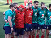 Finn Russell, centre, lines up with Owen Farrell, Dan Biggar, Lions kicking coach Neil Jenkins, Conor Murray, Elliot Daly and Marcus Smith during the Lions captain's run at Cape Town Stadium. Picture: David Rogers/Getty Images