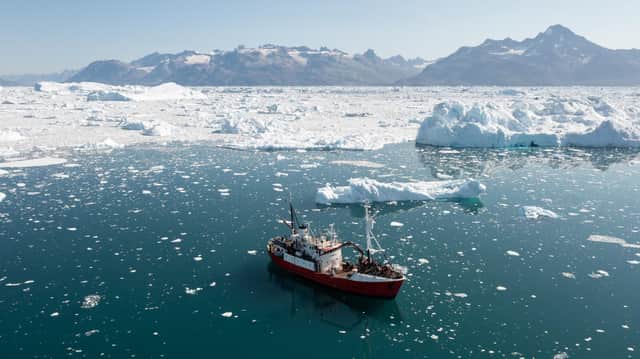 Researchers monitoring water temperatures in Sermilik Fjord, southeast Greenland.