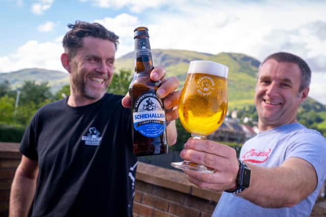 Stu Cook and Kevin Giudici, joint MDs at Alva-based Harviestoun with the award-winning Schiehallion beer.