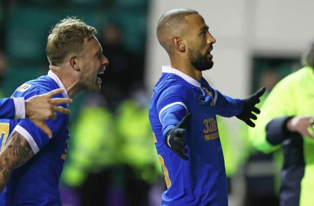 Kemar Roofe (right) celebrates with Scott Arfield after scoring the late winner for Rangers against Hibs at Easter Road. (Photo by Craig Williamson / SNS Group)