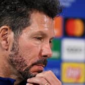 Atletico Madrid manager Diego Simeone looks pensive as he speaks to the media ahead of facing Celtic.