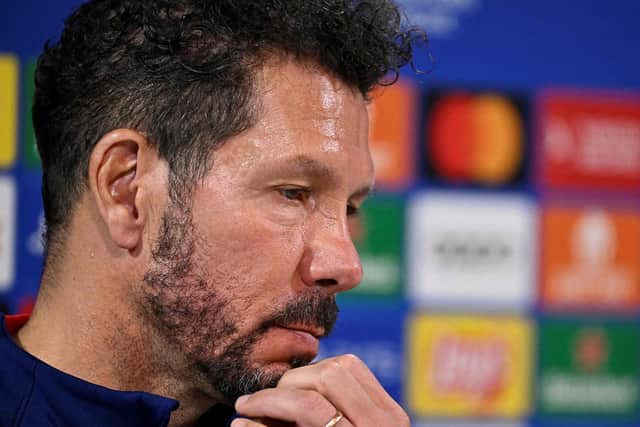 Atletico Madrid manager Diego Simeone looks pensive as he speaks to the media ahead of facing Celtic.