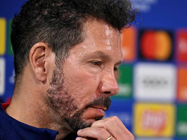 Atletico Madrid manager Diego Simeone looks pensive as he speaks to the media ahead of facing Celtic.