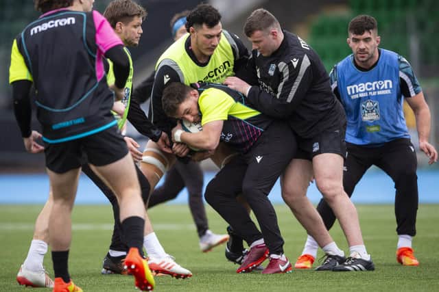 Glasgow players in training at Scotstoun yesterday ahead of Sunday’s visit of the Stormers. (Photo by Ross MacDonald / SNS Group)
