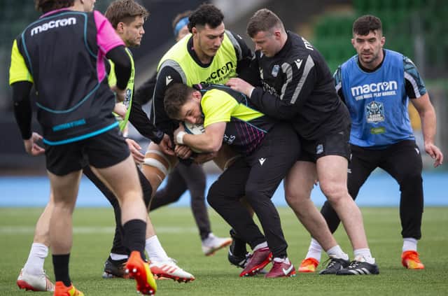 Glasgow players in training at Scotstoun yesterday ahead of Sunday’s visit of the Stormers. (Photo by Ross MacDonald / SNS Group)
