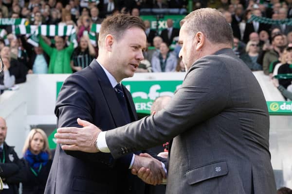 Michael Beale and Ange Postecoglou shake hands before the most recent Old Firm derby at Celtic Park. (Photo by Craig Williamson / SNS Group)