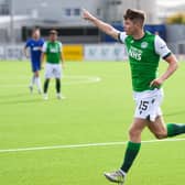 Hibernian's Kevin Nisbet celebrates making it 2-1 against Cove Rangers. Photo by Ross MacDonald / SNS Group
