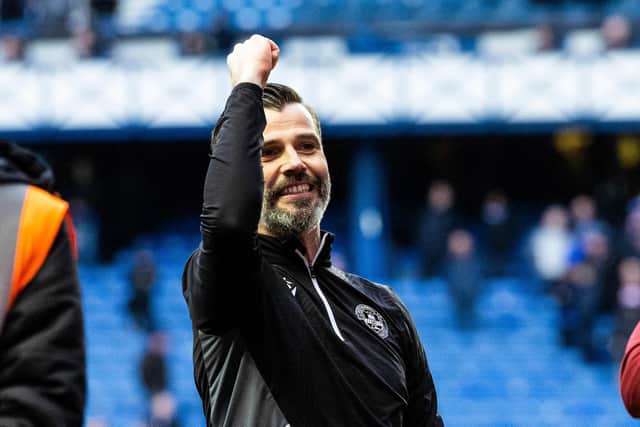 Motherwell manager Stuart Kettlewell celebrates at full time after the 2-1 win over Rangers at Ibrox. (Photo by Craig Foy / SNS Group)